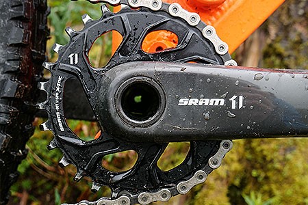 Close up side view of a Sram 11 crank and chainset
